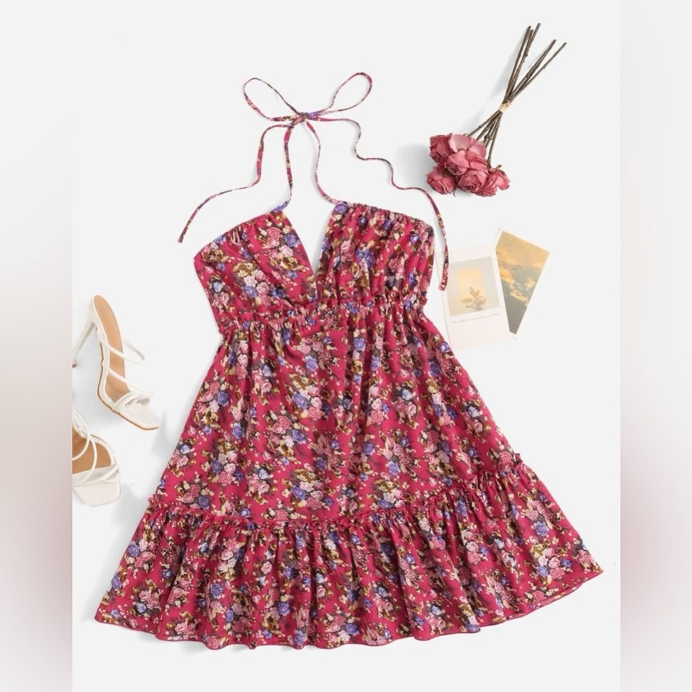 SHEIN Floral Print Ruffle Hem Halter Dress